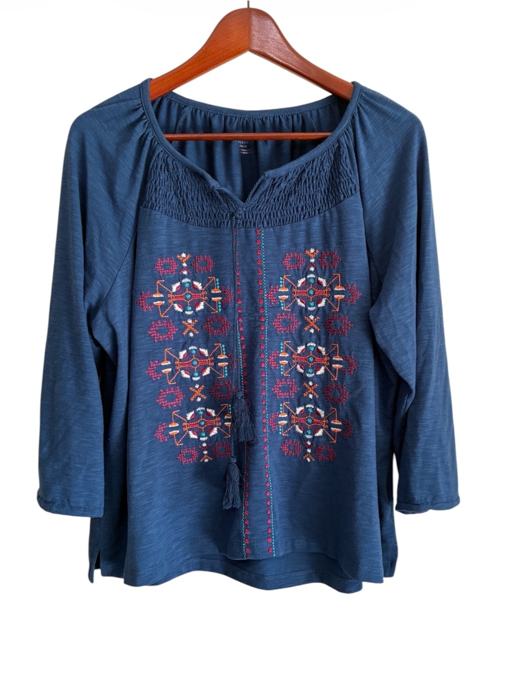 Alia Women's Blue Embroidered Boho Peasant Top Size Petite Medium
